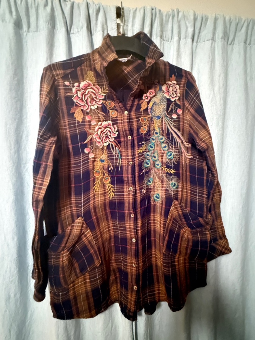 Johnny Was Navy & Brown Plaid Embroidered Tunic